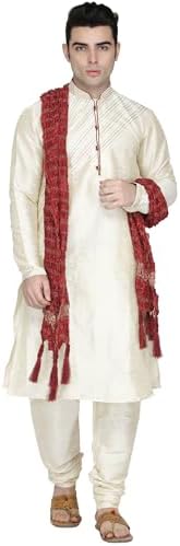 SKAVIJ Men's Polyester Regular Kurta Pajama with Scarf 3 Piece Ethnic Wear Dress Set for Festival