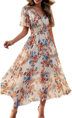 SYKT Women's Dresses Summer Bohemian Elegant Casual Short Sleeve Floral Print Midi Dress