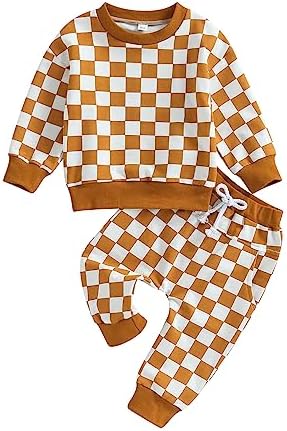 Semperwind Toddler Girls Boys 2-Piece Fall Outfit, Infant Baby Plaid Long Sleeve Sweatshirt + Pants Set Kids Clothes Suit