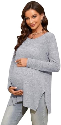 Smallshow Women's Maternity Shirts Side Split Long Sleeve Pregnancy Tops Clothes