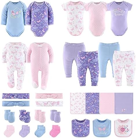 The Peanutshell Baby Layette Gift Set for Girls, Newborn to 9 Months Girl Clothes, Essentials & Must Haves, Purple Butterfly