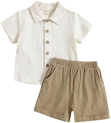 Toddler Baby Boy Linen Outfit Button Down Shirt Plain Shorts Cute Infant Newborn Photoshoot Clothes Summer 2Pcs Set