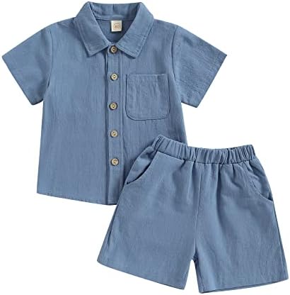 Toddler Boys Summer Linen Shorts and Shirt Set Solid Color Button Up Shirts Tops and Shorts Clothes Outfits Set