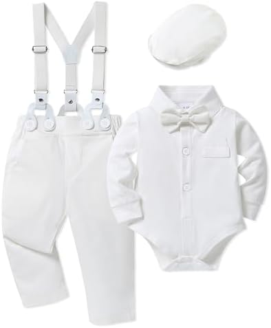 WESIDOM Baby Boy Clothes Suit Newborn Infant Gentleman Outfits, Dress Romper+Bow-Tie+Suspender Shorts Boys Wedding Outfit