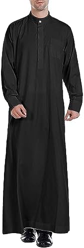 YAOHUOLE Men's Abaya Robe Casual Long Sleeve Shirt Muslim Kaftan Thobe Long Gown Button placket With Pocket