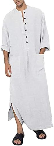 YAOHUOLE Men's Button Up Long Sleeve Robe Side Split Kaftan Summer Thobe with Pockets White 2XL