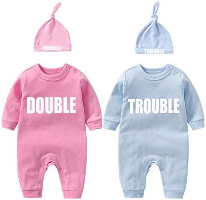 YSCULBUTOL Baby Twins Bodysuits Funny Double Trouble Cute Romper Twin Jumpsuits Hat Set