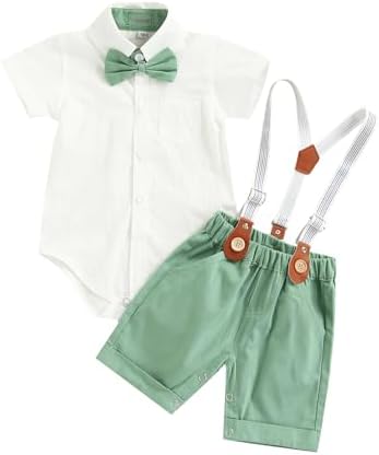 Yoawdats Baby Boy Clothes Outfits Gentleman Set Short Sleeve Button Shirt with Bowtie+Suspender Shorts Set Toddler Boy Suit