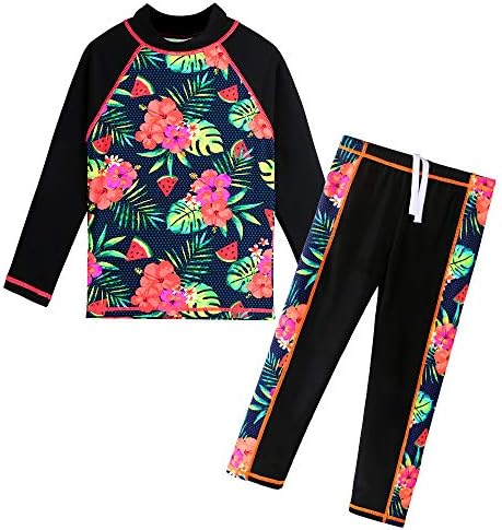 ZNYUNE Girls 2PCS Leaves Printed Swimwear Long Sleeve Swimsuit Set Kids Bathing Suit Swimming Costume for Age 3 to 10 Years