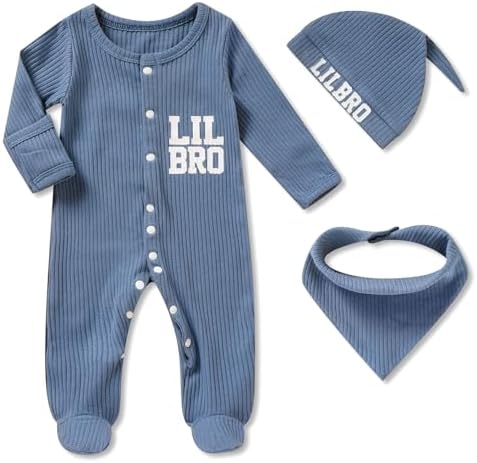 ZOELNIC Newborn Infant Baby Boy Coming Homing Clothes Letter Print Button Knit Footed Romper Jumpsuit Hat Bibs 3pcs Outfit