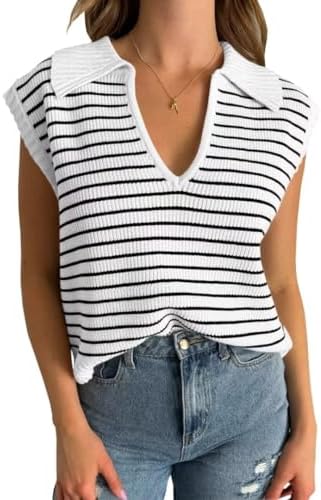 jeecoin Womens Sweaters Striped Tops Summer Cap Sleeve Tank Tops Sleeveless Knit Pullover Trendy Casual Sweater