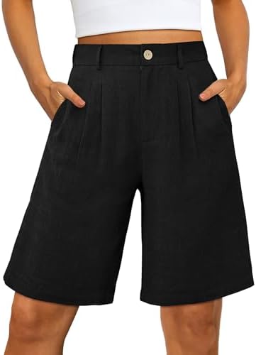 luvamia Bermuda Shorts for Women High Waisted Linen Dressy Casual Pleated Wide Leg Summer Shorts with Elastic Waist