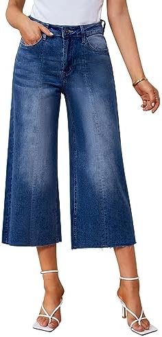 luvamia Wide Leg Capris Jeans for Women Trendy High Waisted Jean Capris Raw Hem Stretchy Denim Capri Cropped Pants