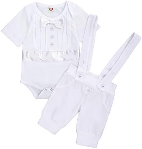 Baby Boys Baptism Christening Outfit Bowtie Romper Suspender Pants Wedding Tuxedo Gentleman Suit Ring Bearer 2PCS Clothes Set