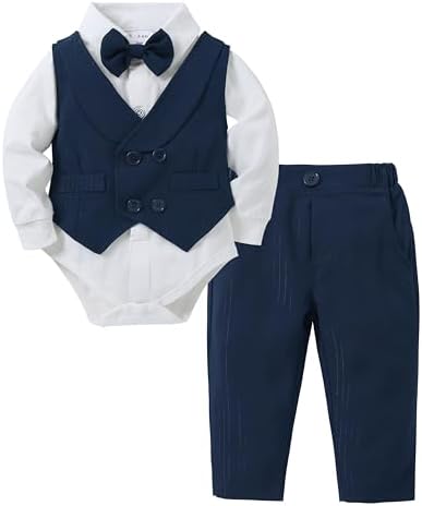 CARETOO Baby Boy Clothes Suits, Gentleman Dress Romper + Beret Hat + Suspender Pants + Bow Tie Outfit Wedding Set 3-18 Months