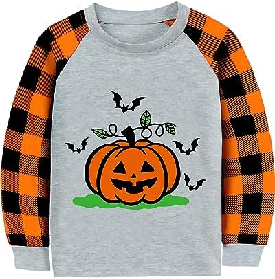 CM-Kid Toddler Boy Girl Halloween Shirt Pumpkin Ghost Boo Raglan Orange Buffalo Plaid Long Sleeve Tshirt Tops