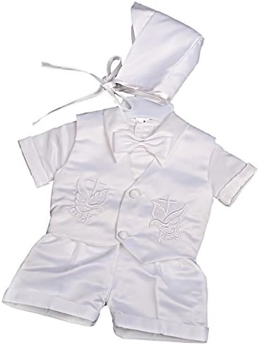 Dressy Daisy Baby Boys Baptism Christening Clothing Outfit White Satin Suit 4 Piece Set with Bonnet Short Sleeve