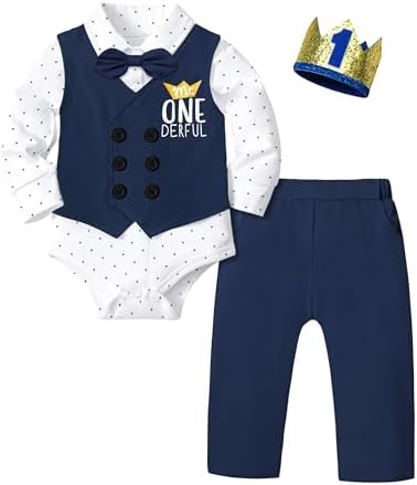 First Birthday Boy Outfit,1st Birthday Outfit Boy Mr Onederful Birthday Outfit Romper Vest Pants Bowtie Hat 5Pcs Boys Suit