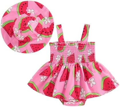 GOOCHEER Baby Girl Romper Sleeveless Ruched Tree/Watermelon Printed Bodysuit and Hat Newborn Infant Summer Clothes Outfit