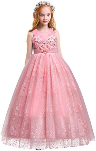 Girls Flower Vintage Lace Princess Long Dress for Kids Tulle Pageant Formal Party Wedding Floor Dance Evening Gown