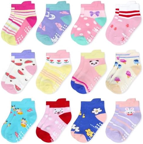 Goodern 12Pairs Kids Non Slip Socks,Breathable Cotton Outdoor Shoes Socks with Grips Bottom,Ankle Cotton Grip Socks Crew Socks for Children Boy Girl,Cartoon Baby Socks Cotton Socks Grip Socks