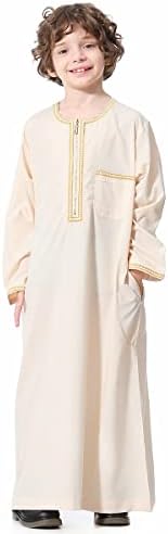 IDOPIP Muslim Boys Thobe for Kids Islamic Arabic Middle East Loose Kaftan Robes Long Zipper Prayer Thobes Dress with Pockets