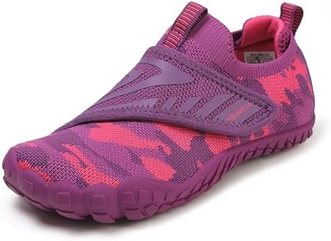 KUBUA Kids Barefoot Shoes for Boys Girls Tennis Sneakers Outdoor Hiking Athletic Sports School Gym Training Trekking Adjustable Strap Flexible Flat Toddler Shoe Purple 4 Big Kid