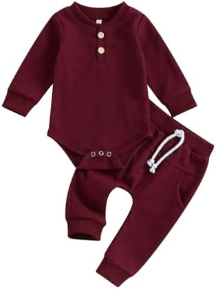 Kuriozud Newborn Baby Boy Clothes Button Long Sleeve Romper Bodysuit Pants Set Infant Soft Waffle Fall Winter Outfit