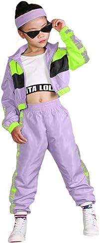 LOLANTA 3Pcs Girls Hip Hop Clothes Set, Kids Street Dance Outfit, Cropped Tank Top, Fluorescent Green Jacket & Jogger Pants