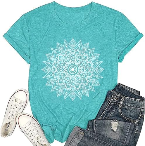 Lotus Flower Shirts for Women Vintage Mandala Graphic Print Boho T Shirt Summer Casual Short Sleeve Yoga Meditation Tee Tops