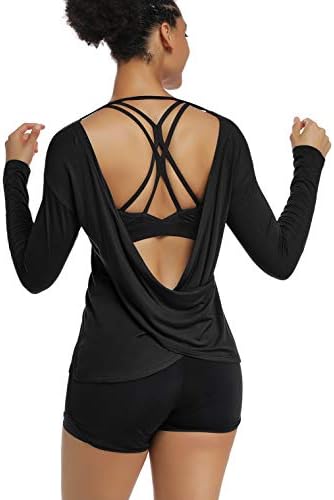 Muzniuer Women's Long Sleeve Workout Shirts Backless Yoga Shirts Cross Back Open Shirt