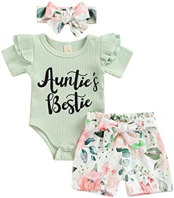 Newborn Baby Girl Auntie Outfits Auntie's Bestie Short Sleeve Ribbed Romper Floral Shorts Clothes with Headband