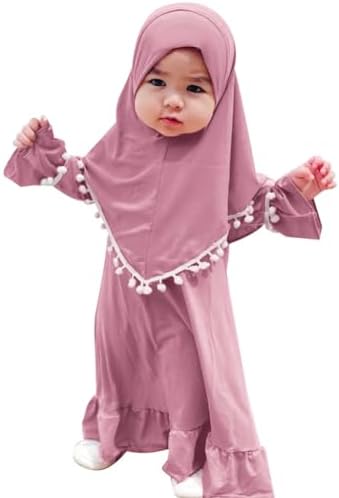 Newborn Infant Baby Girls Muslim Prayer Dress Ramadan Eid Clothes for Toddler Kids Long Sleeve Abaya with Hijab Middle East Arabian Dubai Robe Modest Outfits Two Piece Set