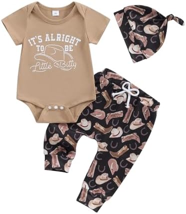 Newborn Western Baby Boy Girl Romper Bodysuit Clothes Outfit Funny Letter Short Sleeve Boots Hat Pattern 3 Piece Set