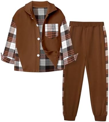 Oranchids Boys Clothes Long Sleeve Plaid Shirts Button Down Sweatshirt Tops and Jogger Pants 2 Pcs Fall Winter Outfits 7-14Y