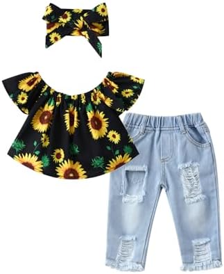 PATPAT Toddler Kid Girls Clothes Short-sleeve Sunflower Printed Dress Top and Denim Jeans 3Pcs Outfit Set