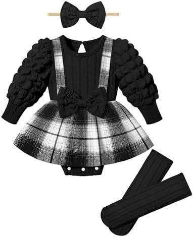 Queenstyle Baby Girl Clothes Dress Fall Winter Outfits Set Puff Sleeve Plaid Romper with Headband Stockings