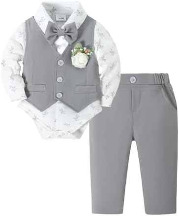 SANMIO Baby Boy Clothes Suits Infant Gentleman Outfit Collared Dress Shirt+Vest+Tie+Corsage+Pants 5Pcs Baby Suit Sets