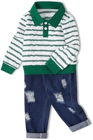 SANMIO Toddler Baby Boy Clothes Fall Winter Outfits Striped Sweatshirt Ripped Jeans Set Toddler Clothes for Boys 18M-6T