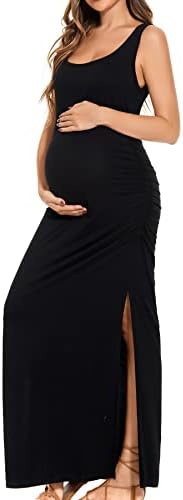 Smallshow Women's Split Long Maternity Dress Sleeveness Ruched Pregnancy Clothes