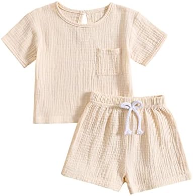 Toddler Baby Boy Girl Cotton Linen Outfit Short Sleeve T-Shirt Tops Elastic Shorts Set 2Pcs Casual Summer Clothes