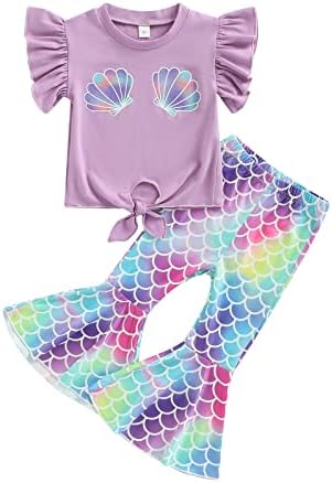 Toddler Kid Baby Girls Outfits Fly Sleeve Shell Crop Tops T-Shirt Mermaid Flared Pants Summer Birthday Clothes 1-6T