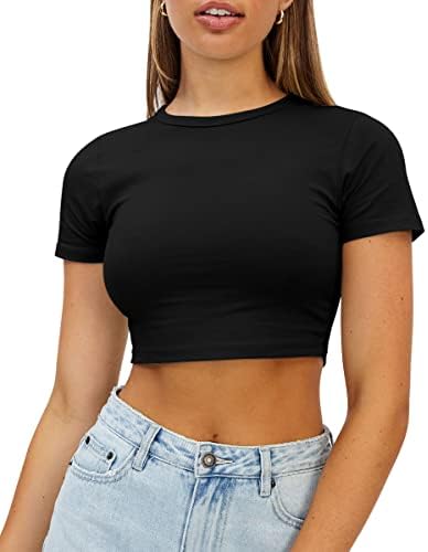 WYNNQUE Womens Crop Tops Cute Summer Scoop Neck Basic Tees Slim Fit Trendy Short Sleeve T Shirts for Teen Girls 2024