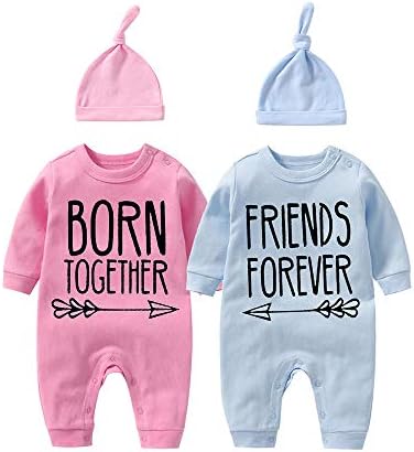 YSCULBUTOL Baby Twins Bodysuit with hat Born Together Friend Forever Baby boy Clothes Toddler Girl Clothes Baby Shower