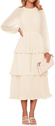 ZESICA Women's 2023 Long Sleeve Crew Neck Ruffle Tiered Layered Chiffon Flowy Swing Long Midi Dress