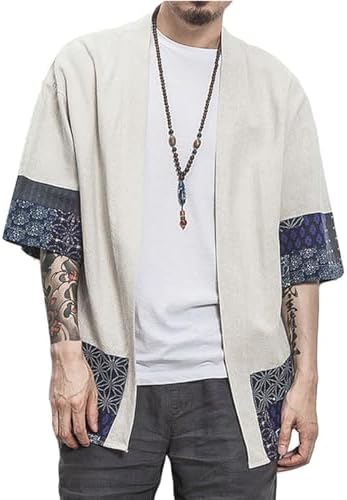 perdontoo Men's Cotton Kimono Jackets Loose Open Front Cardigan Cloak